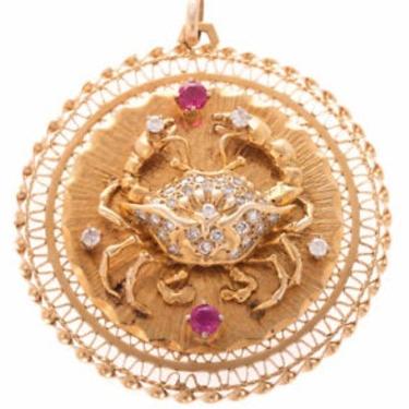 14k solid Gold Crab pendant Zodiac Sign with Diamonds and Rubies 