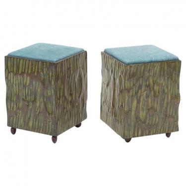 Phillip Lloyd Powell Painted Hand Carved Stools with Abstract Patterned Textile