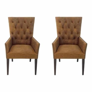Vintage Style Leather Tufted Rust Brown Transitional Arm Chairs Pair