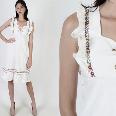 Vintage 70s Country Folk Dress Floral Prairie Corset Ruffle Ivory Tiered Mini Dress 
