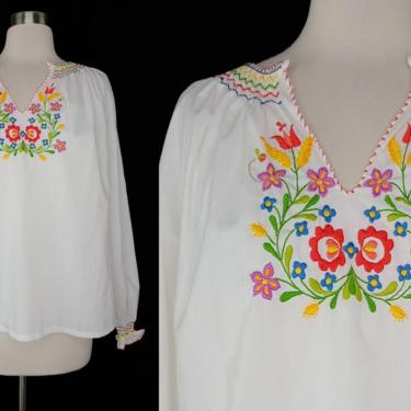 Vintage Embroidered Long Sleeve Smocked Peasant Blouse - Small White Colorful Embroidery Boho Blouse 