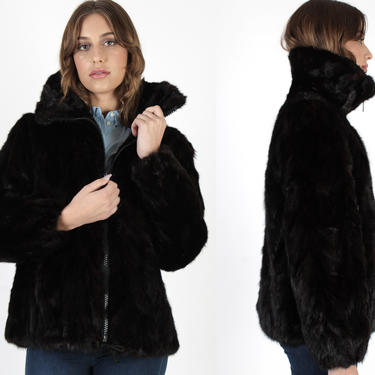 Mahogany Mink Bomber Jacket / Womens Real Fur Zip Up Puffer Coat / Vintage 80s Unisex Mens Apres Ski / Giant Fur Collar Winter Jacket 