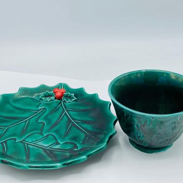 Vintage  Holiday Holly Tea Cup and Small Plate- Lefton Japan- Holly green and Red- 1960's 