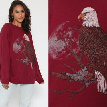 Eagle Sweatshirt Animal 80s Bald EAGLE Shirt Graphic Print Moon Jumper Slouchy Sweater Vintage Burgundy Screen Print Extra Large 2XL xxl 