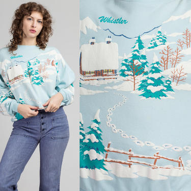 90s Whistler Winter Snow Scene All-Over Graphic Sweatshirt - One Size | Vintage Canada Puffy Retro Travel Pullover 