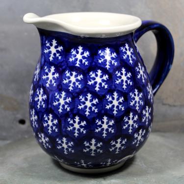 Momo Panache Ceramic 22 oz Pitcher - Polish Art Pottery - Blue with White Snowflakes - Vintage Polish Hand Painted Ceramic | FREE SHIPPING 
