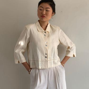 90s linen cropped blouse / vintage buttercream woven linen cropped Peter Pan shirt blouse | M 