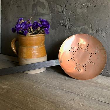 English Copper Iron Strainer, Spoon, Hand Forged Iron Handle, Brass 