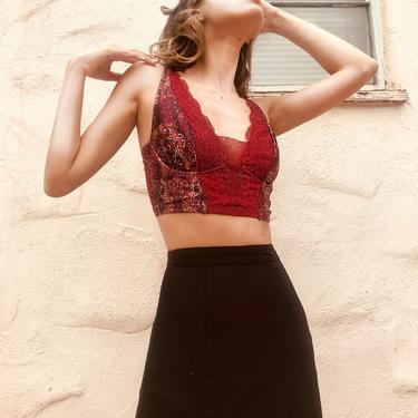 Vintage 1970s Maroon Bustier V neck lined with red sheer mesh and lace by TreasureInYourChest