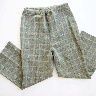 Vintage 70s Plaid Polyester Pants S M - Elastic Waist Green Plaid High Waist Pants - 1970s Clothing - Straight Leg Plaid Pants - Herringbone 