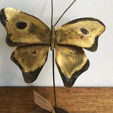 70's Brutalist Butterfly Sculpture, Signed By Artist With Original Tag, E. Reginald Haddock, Brass Copper Kinetic Butterfly 