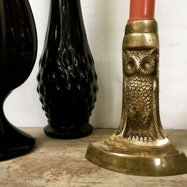 Vintage Cast Brass Owl Candle Holder With Handle And Match Tray, Missing Wax Catcher, Owl Lovers, Halloween 