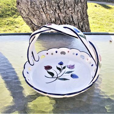VINTAGE Portuguese Art Pottery Basket// Hand Painted Candy Dish// Handpainted Floral Ceramic Bowl 