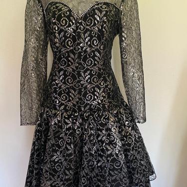 After Five 1980's PROM DRESS, metallic silver and black3 puffy 80's prom dress, vintage black sequin lace  party prom dress size medium m 12 