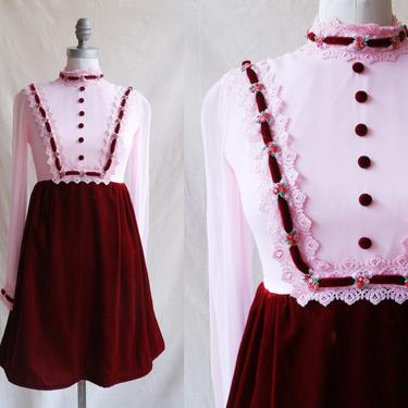 Vintage 70s Pink and Red Velvet Mini Dress/ 1960s 1970s Long Sleeve Mod Mock Neck Dress/ Size Small 