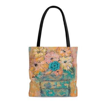 Floral Art AOP Tote Bag ~ Floral Tote Bag ~ All Over Print ~ Original Art &amp;quot;Flourish&amp;quot;~ Wearable Art ~ Beach Bag ~ Bright Floral Tote Bag 