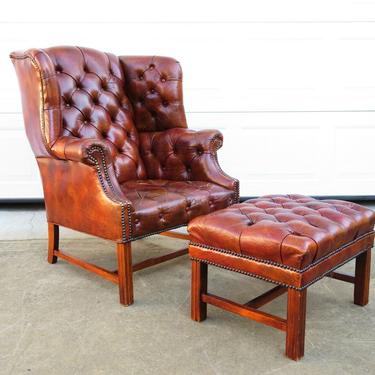 Vintage LEATHER TUFTED WINGBACK CHAIR & OTTOMAN Footstool GEORGIAN Chesterfield