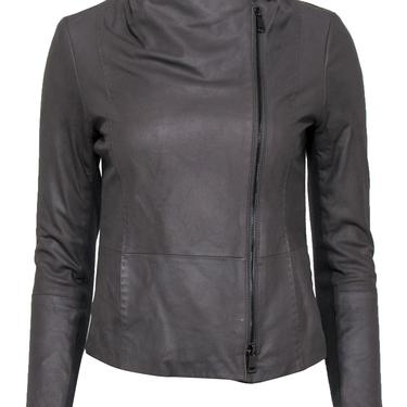 Vince - Dark Grey Leather Zip-Up Jacket w/ Ribbed Trim Sz XS