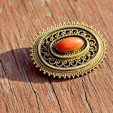 Vintage Israel 925 Gold Filigree Coral Brooch/Pendant, Ornate Gold Washed Pendant With Red Coral Stone, Gold Tone Sterling Silver Brooch 