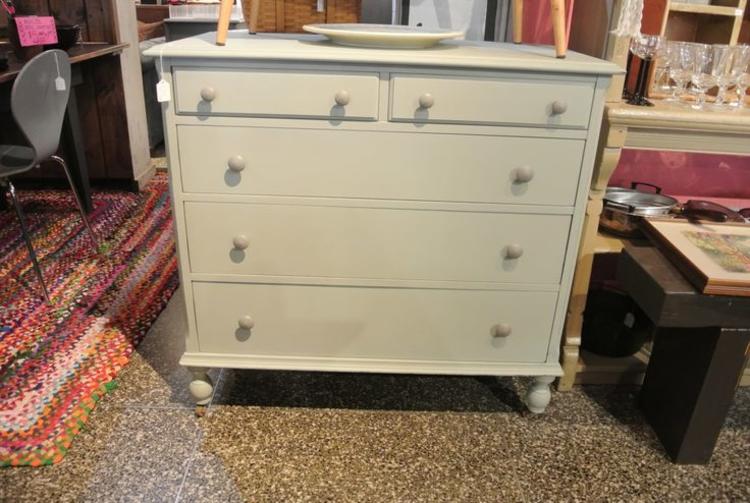 Grey painted chest on casters. $325