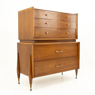 William Hinn Style Kent Coffey &amp;quot;The Auburn&amp;quot; Mid Century Walnut and Pecan Highboy Dresser - mcm 