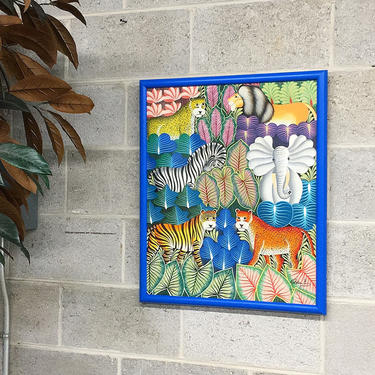 Vintage Painting 1990s Retro Size Joel Gauthier + Animals + Jungle + Plants + Acrylic on Canvas + Green Wood Frame + Home and Wall Decor 