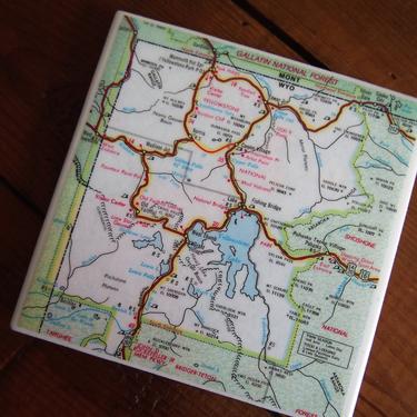 1975 Yellowstone National Park Vintage Map Coaster - Ceramic Tile - Repurposed 1970s Rand McNally Atlas - Wyoming - Old Faithful - Handmade 