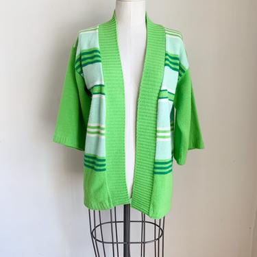 Vintage 1970s Neon Green Striped Open Front Cardigan / S 