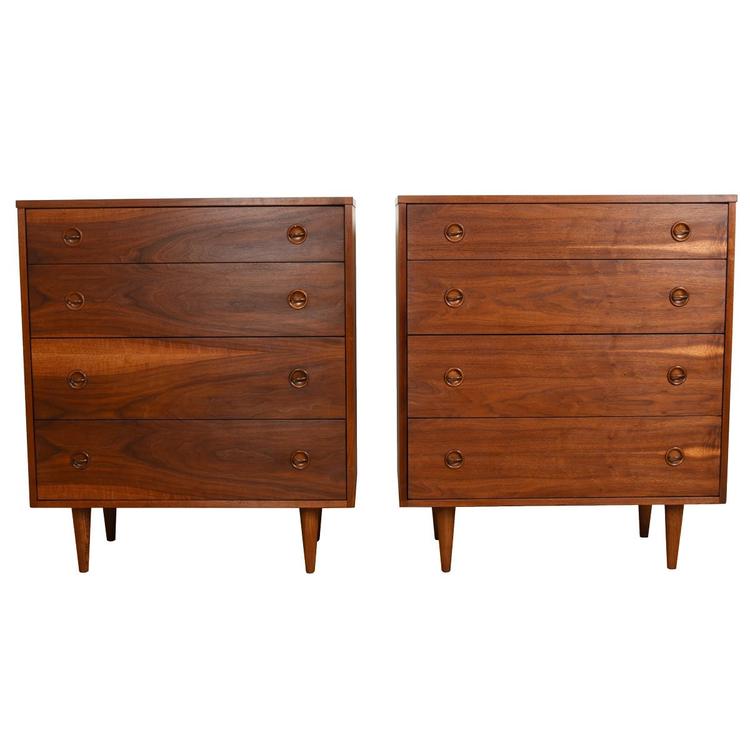 Walnut Mid-Century Pair of Tall Dressers Drawers