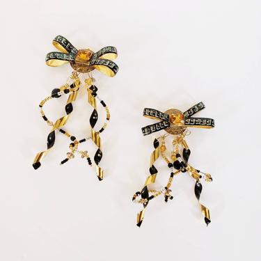 80s Oversized Earrings Gold and Black Lunch at the Ritz / 80s Designer Clip Earrings Enamel Bow Beads Spiral Maximalist 