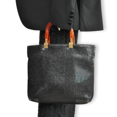 Vintage Black Metal Mesh Handbag Purse with Lucite Top Handles 