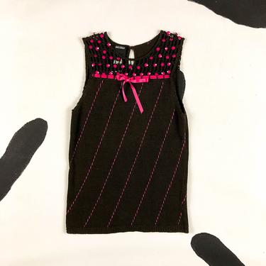 90s Anna Sui James Coviello Brown Knit Sweater Tank Top / Pink Daisy Buttons / Pink and Brown / Ribbon / Bow / Lolita / Small / Cotton / S 
