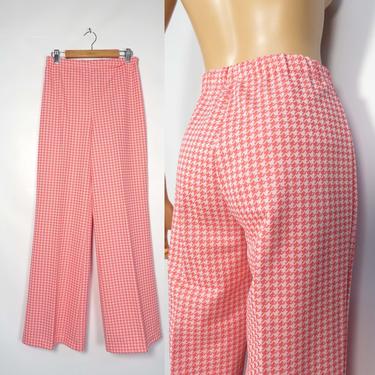Vintage 70s Pink Houndstooth High Waist Polyester Elastic Waist Wide Leg Pants Size S/M 