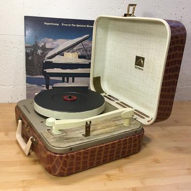 Restored 1950s RCA Portable Record Player,Brown Alligator Case, 4 speed, Fully Serviced 