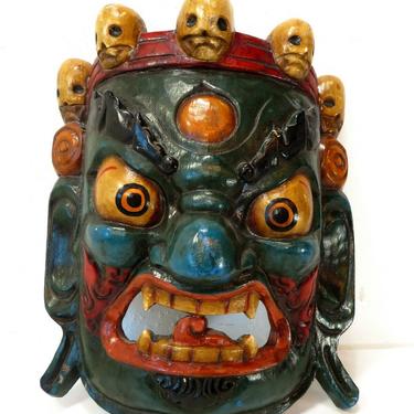 VTG Wood Carved NEPALESE TIBETAN MAHAKALA DANCE MASK Tribal Art DEMON Skull