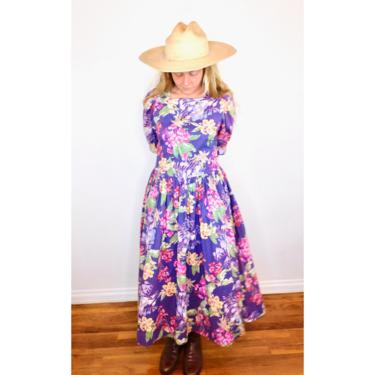 Laura Ashley Dress // vintage boho hippie midi high waist purple 80s secretary hippy floral 90s grunge pastoral // S/M 