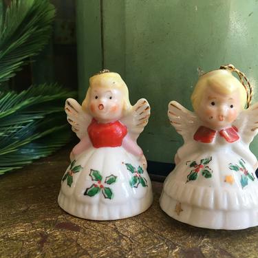 Vintage Angel Bell Ornament Figurines, Boy Angel, Girl Angel, Made In Japan 