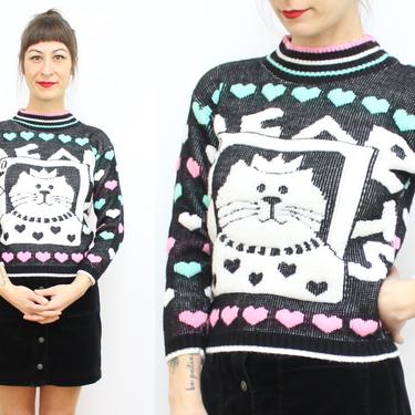 Vintage 80's Black Cat Sweater / 1980's Queen Of Hearts Cat Sweater / Novelty Knit / Kittens / Cropped / Women's Size XXS - XS - Small by Ru