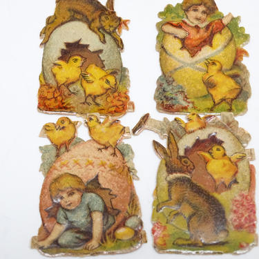 4 Vintage Embossed Die Cut Bunny Rabbit Scraps, Antique Chicks and Easter Eggs, Retro Decor 