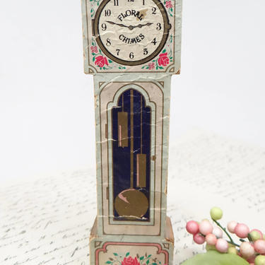 Antique Grandfather Clock Perfume Box, Vintage Paper on Wood Cottage Chic Floral Chimes 
