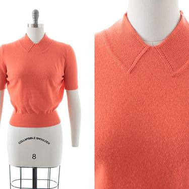 Vintage 1950s Sweater Top | 50s Cashmere Knit Coral Short Sleeve Pullover Sweater (small/medium) 