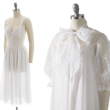 Vintage 1950s 1960s Peignoir Set | 50s 60s VANITY FAIR Embroidered White Chiffon Nylon Puff Sleeve Robe &amp; Long Nightgown Lingerie (x-small) 