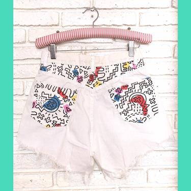 Vintage White Cut Off High Waisted Jean Shorts with Graphic 80's Print Graffiti Streetwear Bootie Shorts 