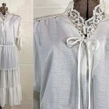 Vintage White Puff Sleeve Night Dress Lace Pajama Shirt Wedding Sleep Holiday 3/4 Sleeves Summer Boho PK's Kloset 1980s 80s XL XXL Large 