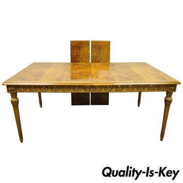 Italian Neoclassical Burl Wood Walnut Gold Giltwood Dining Table with Two Leaves