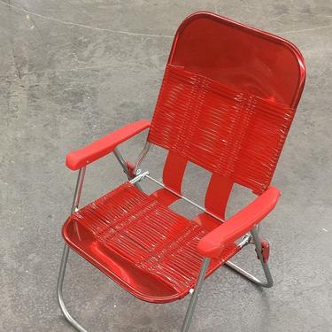 Vintage Lawn Chair Retro 1990s Red Vinyl Straps + Silver Aluminum Frame + Armrests + Folds Up + Outdoor Seating + Patio Furniture + Camping 