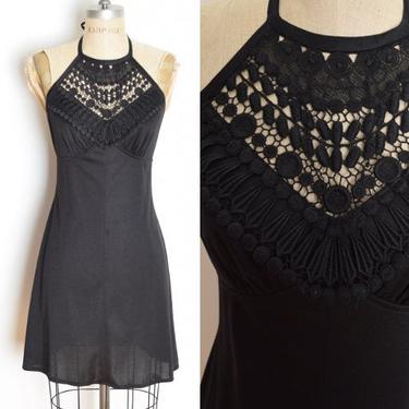 vintage 70s dress black crochet halter sun dress hippie boho mini festival XS clothing 