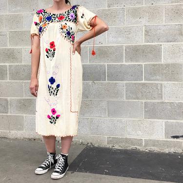 Vintage Mexican Dress Retro 1970s Traditional + Handmade + Puebla + Hand Embroidered + Cotton Gauze + Floral + Beige + Womens Apparel 