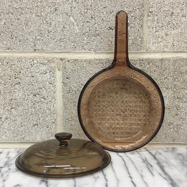 Vintage Frying Pan Retro 1970s Pyrex Vision + Smokey Amber Brown Glass + 6 Inch Waffle Skillet + Pan with Lid + Cookware + Kitchen Decor 