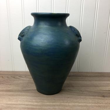 Antique blue green studio art pottery urn - shell handles - 1915 antique 
